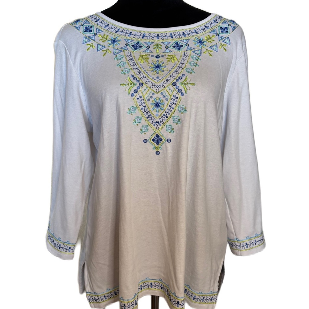 Alfred Dunner White Top with Blue and Green Accents